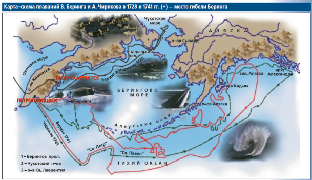 Карта-схема плаваний В. Беринга и А. Чирикова в 1728 и 1741 гг.